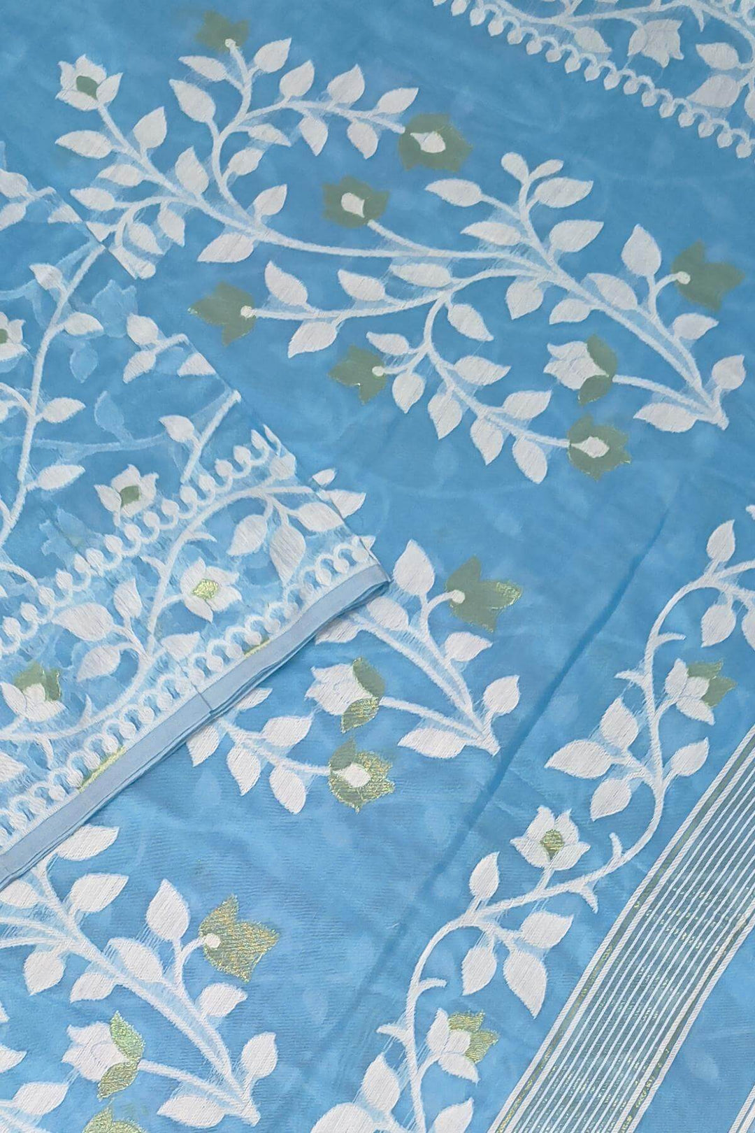 Handloom silk cotton saree in blue in floral jamdani weave