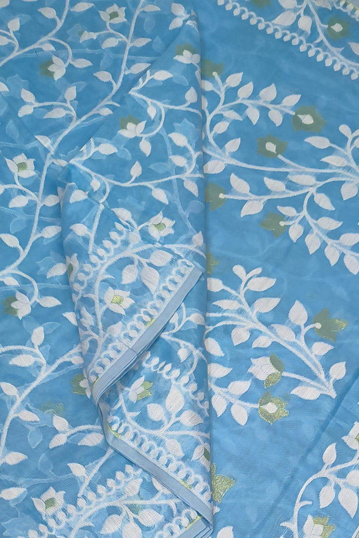 Handloom silk cotton saree in blue in floral jamdani weave