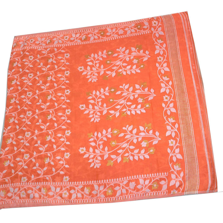 Handloom silk cotton saree in orange in floral jamdani weave