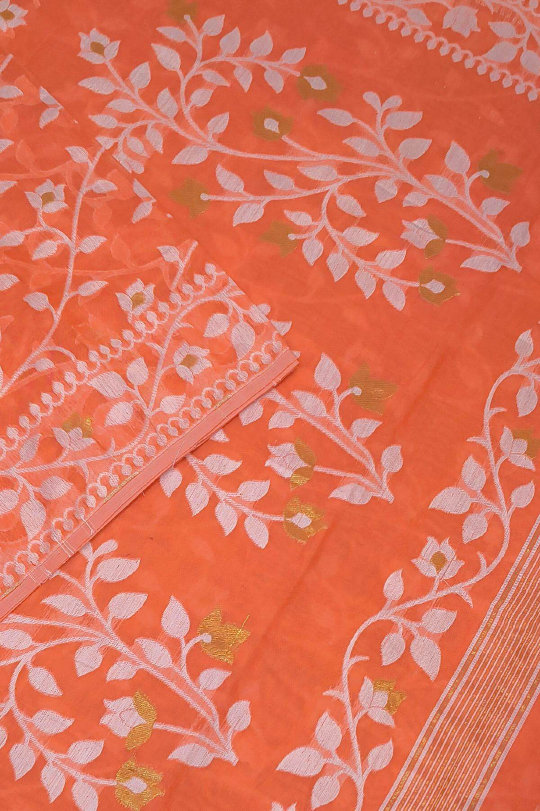 Handloom silk cotton saree in orange in floral jamdani weave