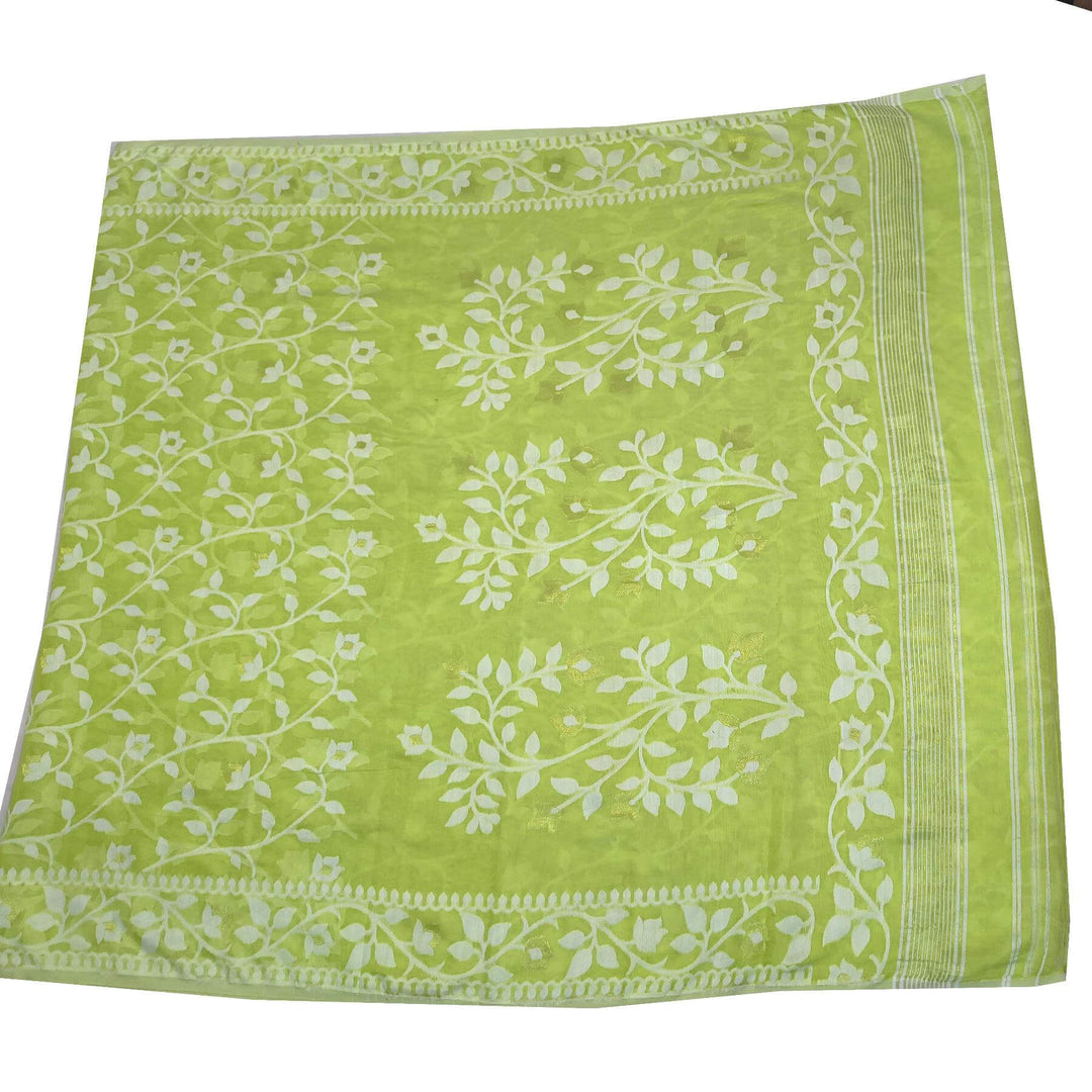 Handloom silk cotton saree in green in floral jamdani weave