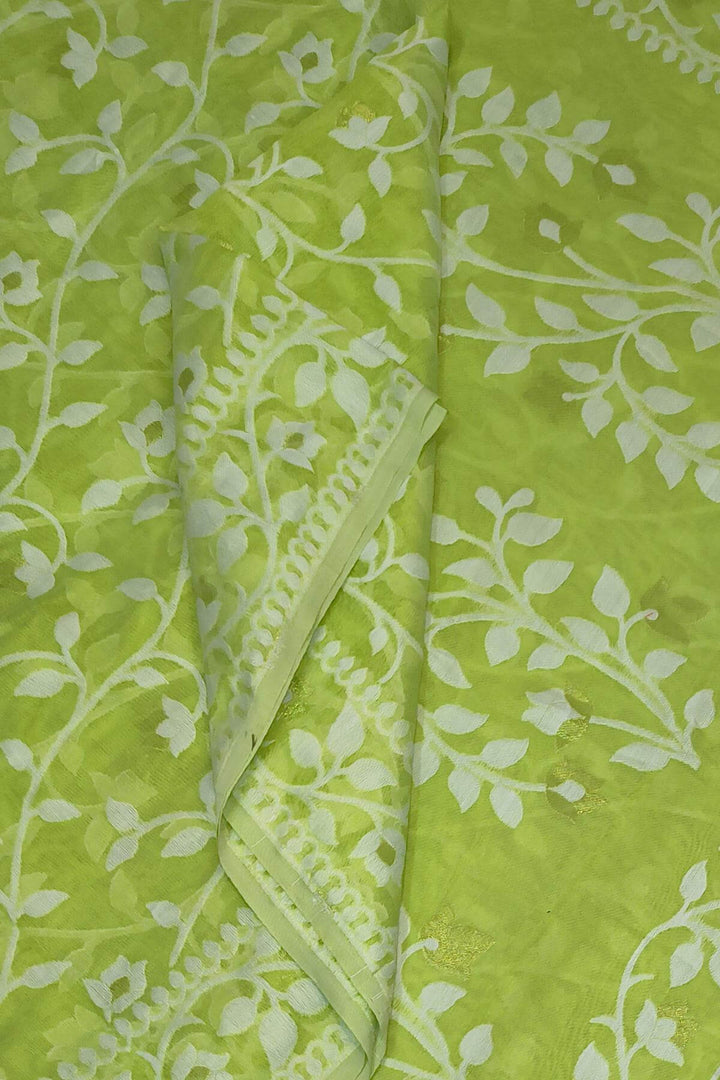 Handloom silk cotton saree in green in floral jamdani weave