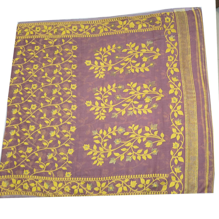 Handloom silk cotton saree in berry in floral jamdani weave