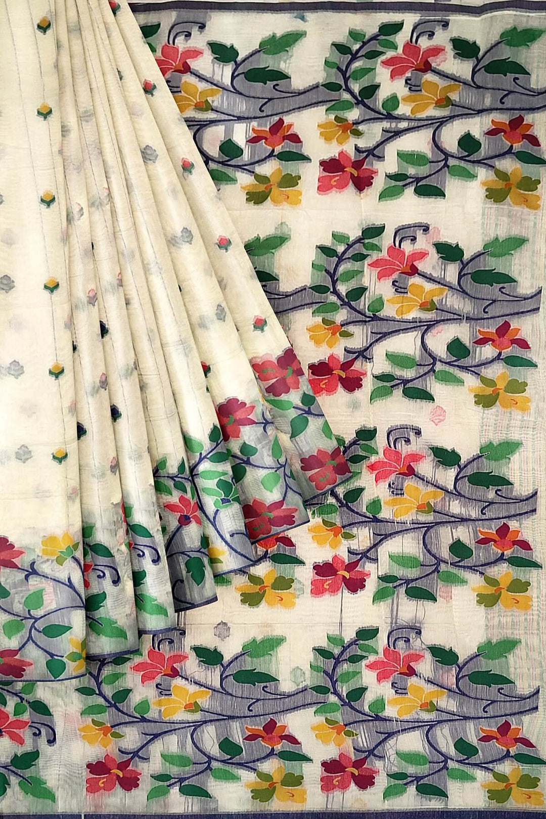 silk cotton saree in  white with small motifs