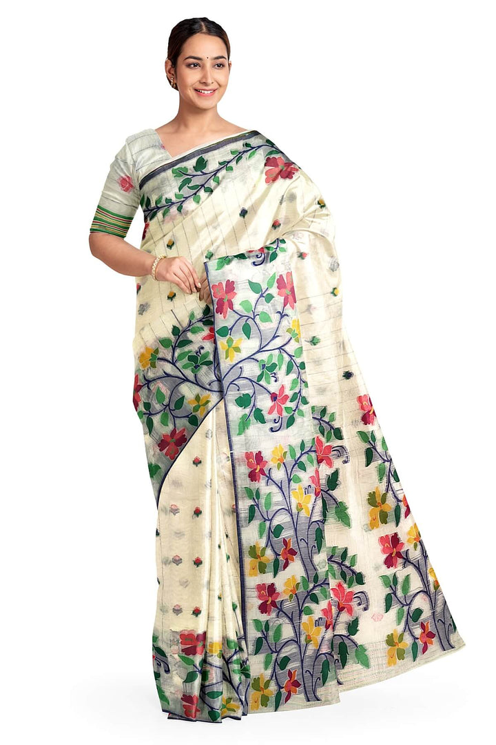 silk cotton saree in  white with small motifs