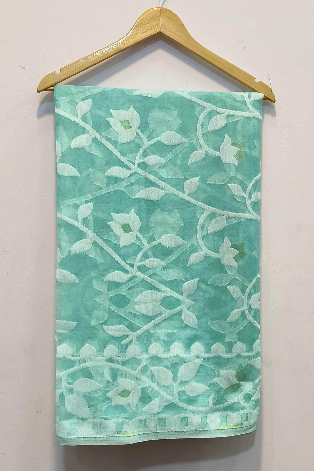 Handloom silk cotton saree  in sea green in  floral jamdani weave
