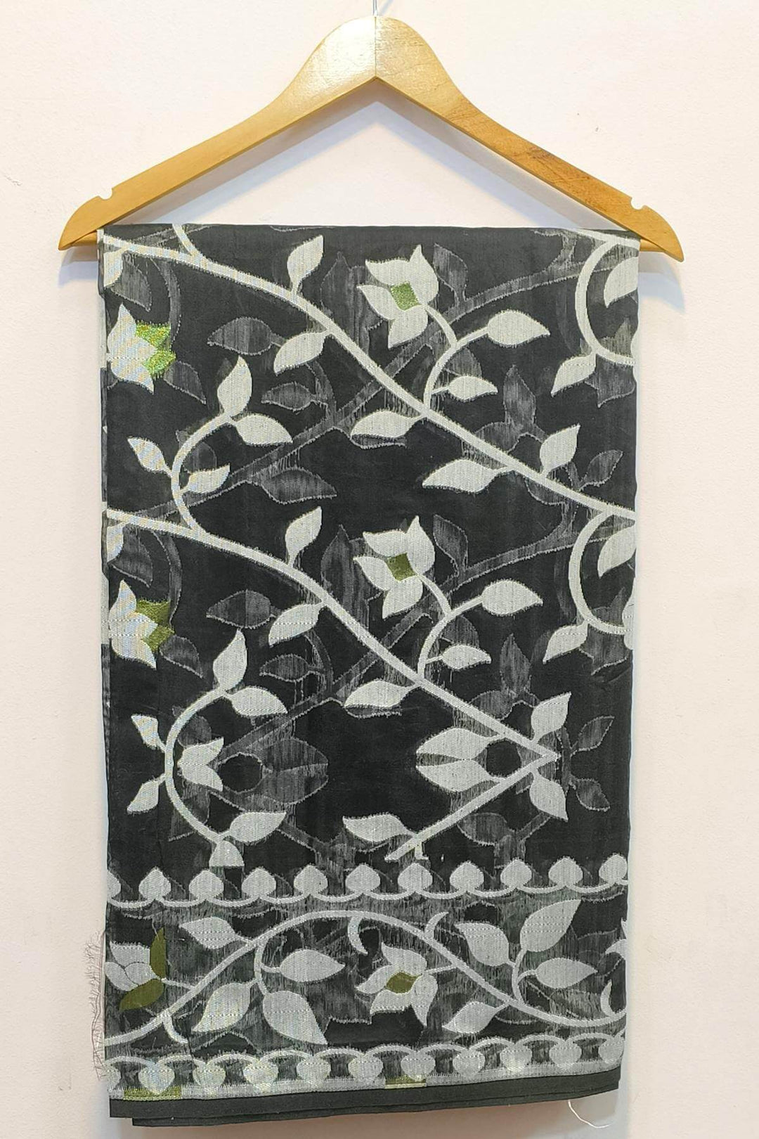 Handloom silk cotton saree  in black in floral jamdani weave