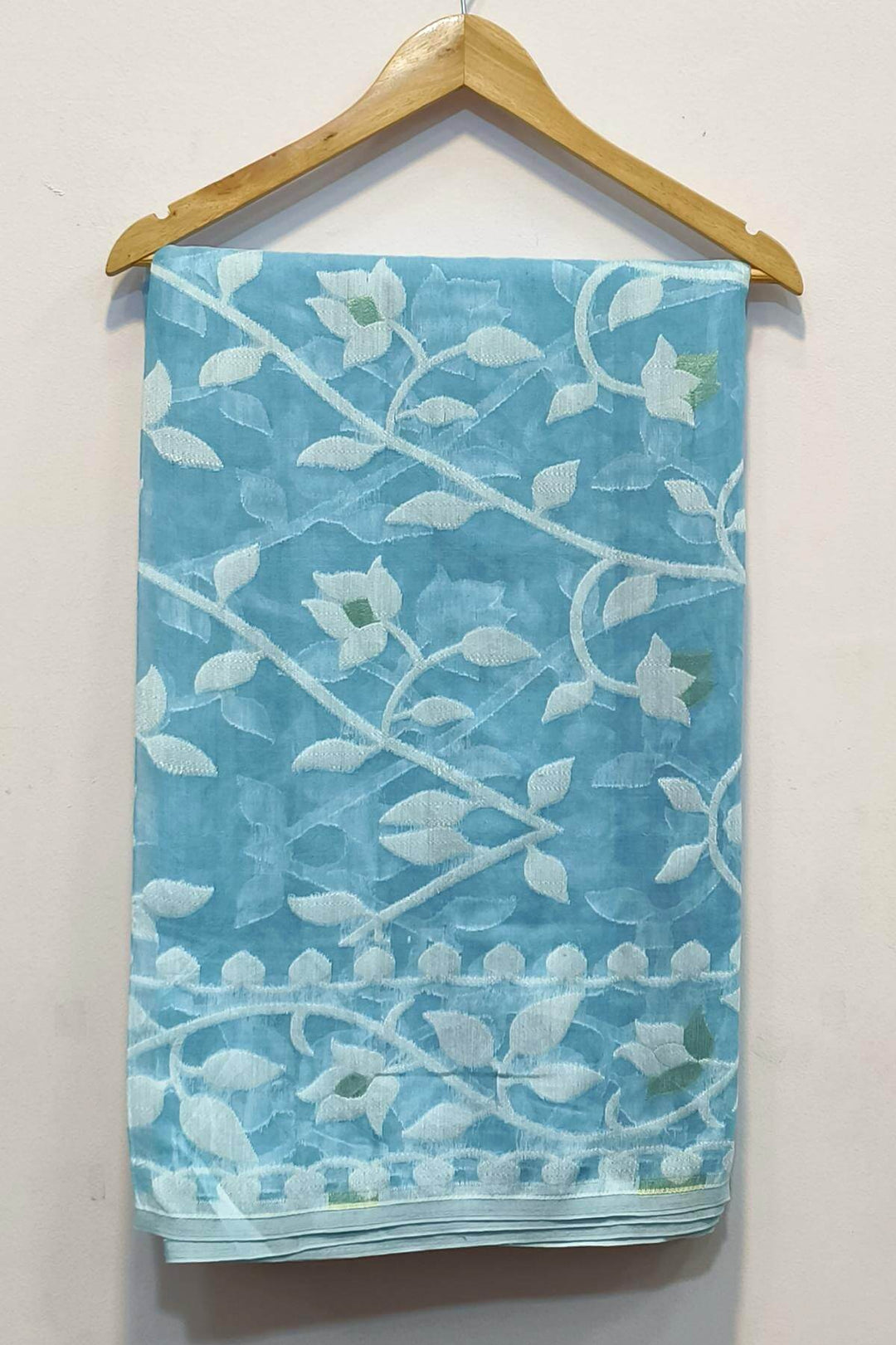 Handloom silk cotton saree  in sky blue in floral jamdani weave