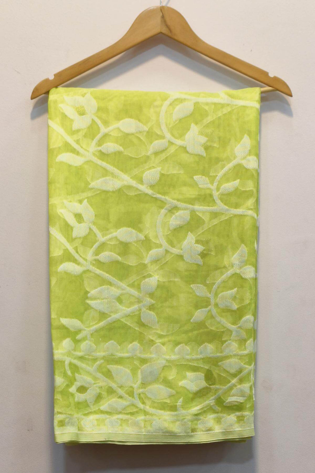 Handloom silk cotton saree  in light  green in floral jamdani weave