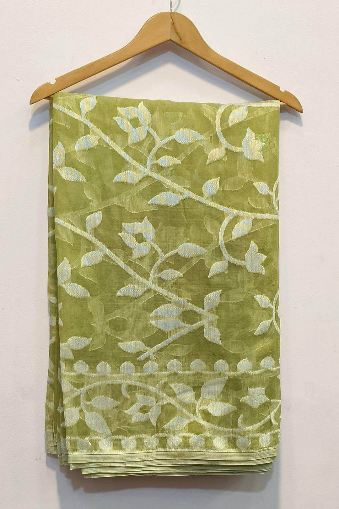 Handloom silk cotton saree  in gram green in floral jamdani weave