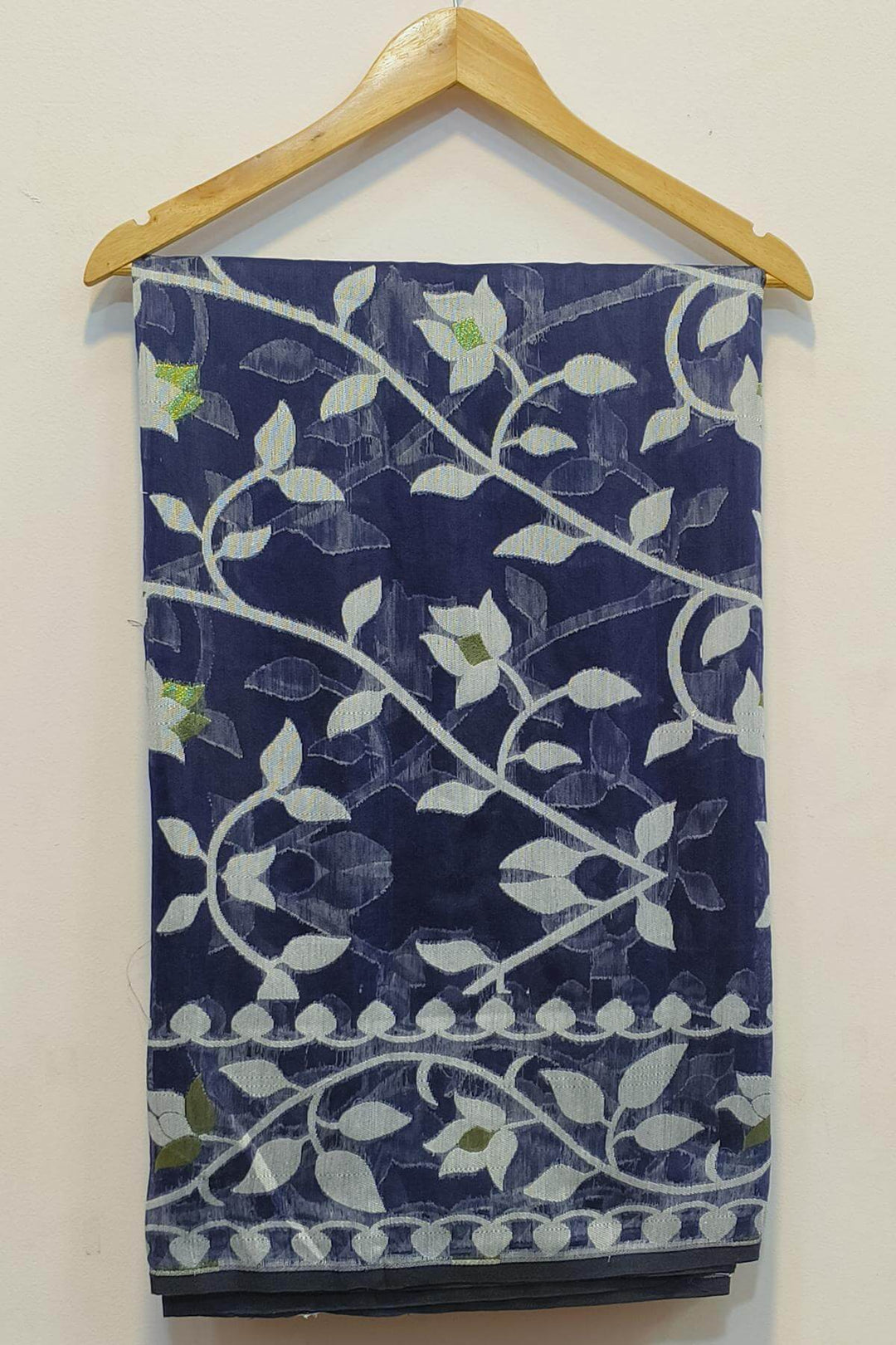 Handloom silk cotton saree  in navy blue in floral jamdani weave