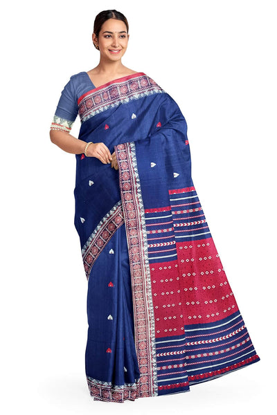 Assam khadi mercerized cotton saree in navy blue