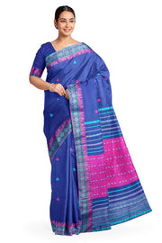 Assam khadi mercerized cotton saree in blue & pink