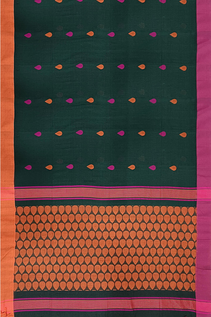 Handloom soft cotton saree in bottle green with jamdani pallu