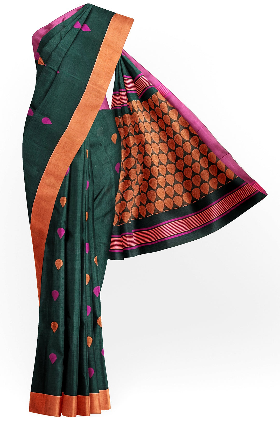 Handloom soft cotton saree in bottle green with jamdani pallu
