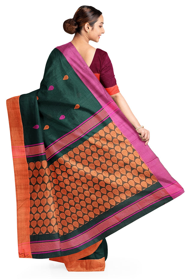 Handloom soft cotton saree in bottle green with jamdani pallu