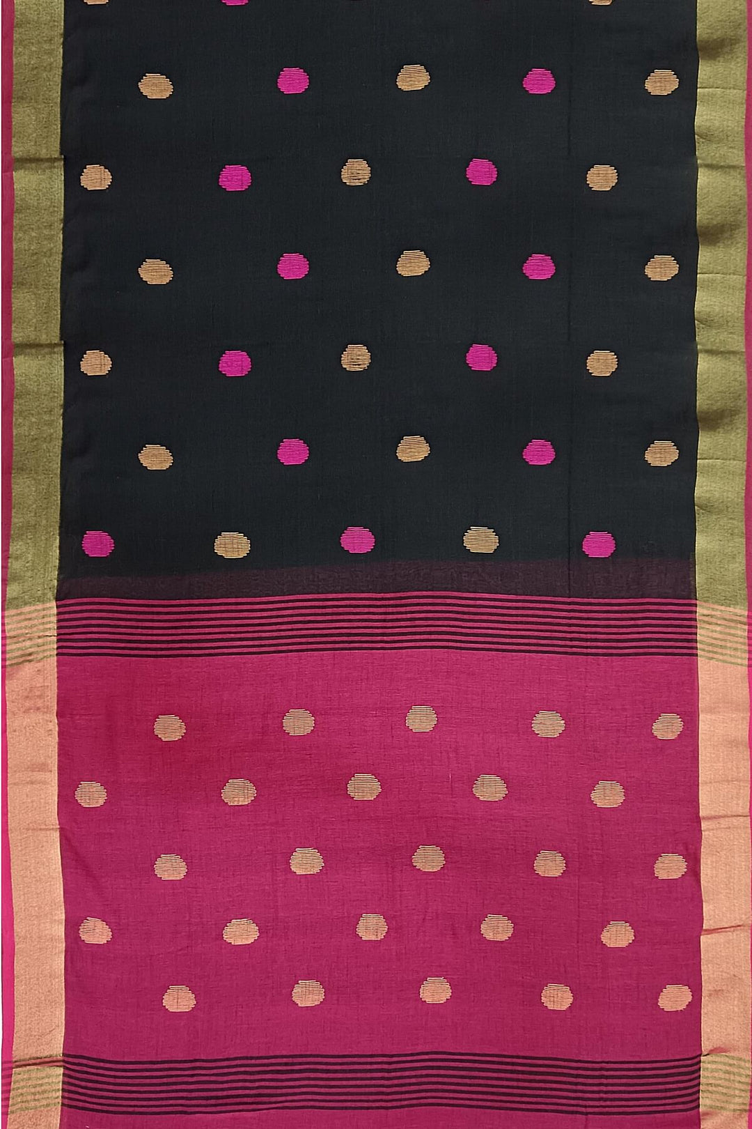 Handloom cotton saree in black & burgundy with polka dots &  tissue border