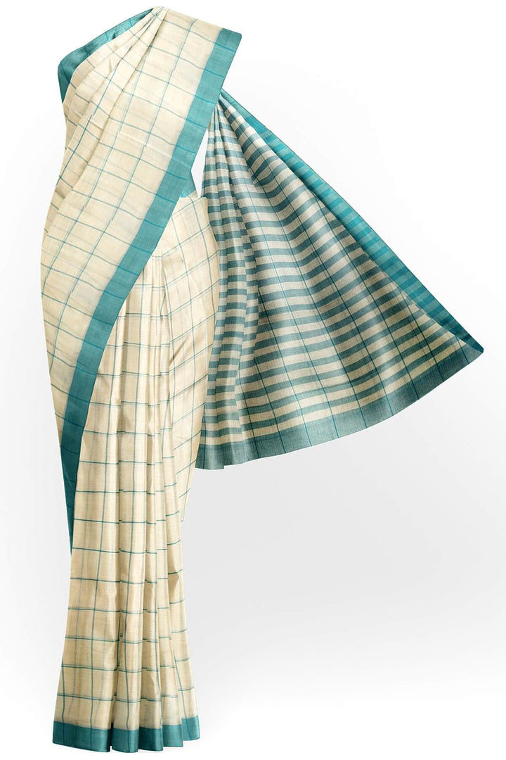 Soft cotton saree in off white in checks