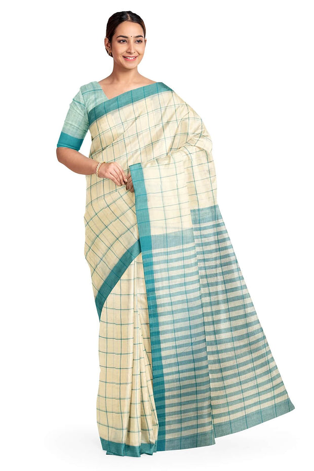 Soft cotton saree in off white in checks
