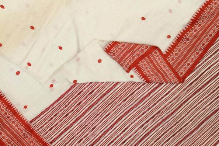 Mercersed cotton saree in white with bhujodi worked   pallu & border.