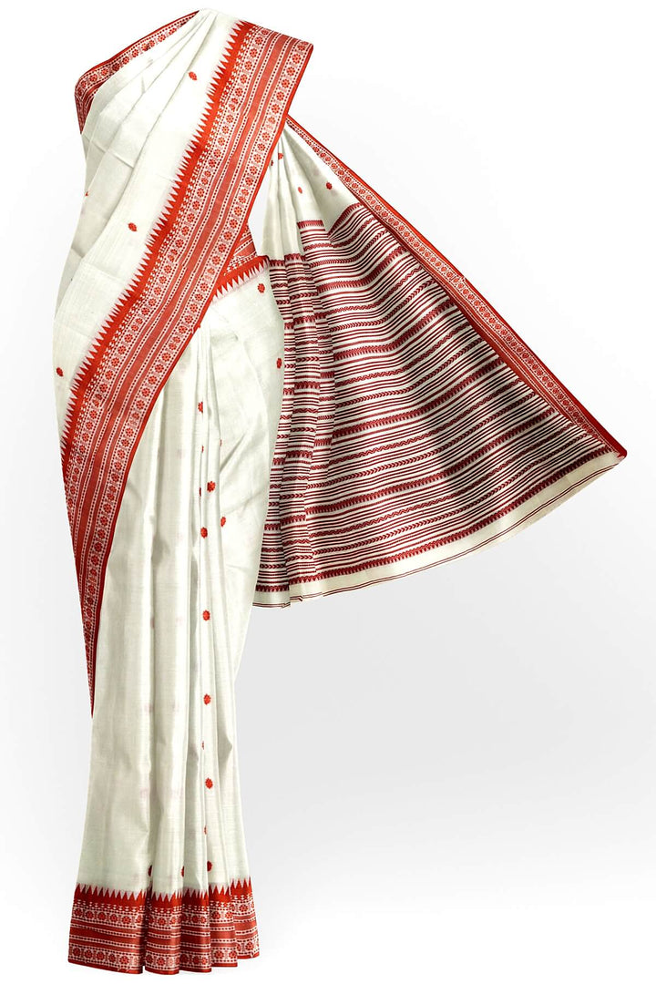 Mercersed cotton saree in white with bhujodi worked   pallu & border.