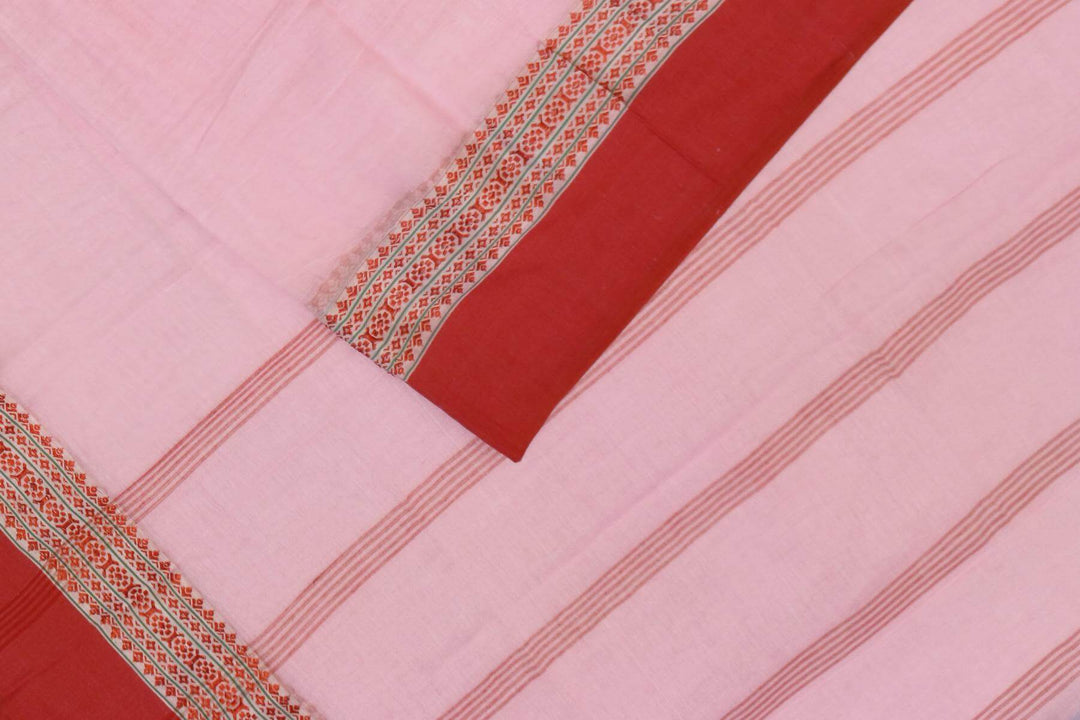Soft cotton saree in pink with Dhonekali thread work pallu & border