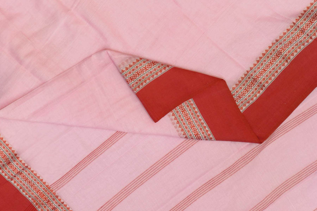 Soft cotton saree in pink with Dhonekali thread work pallu & border