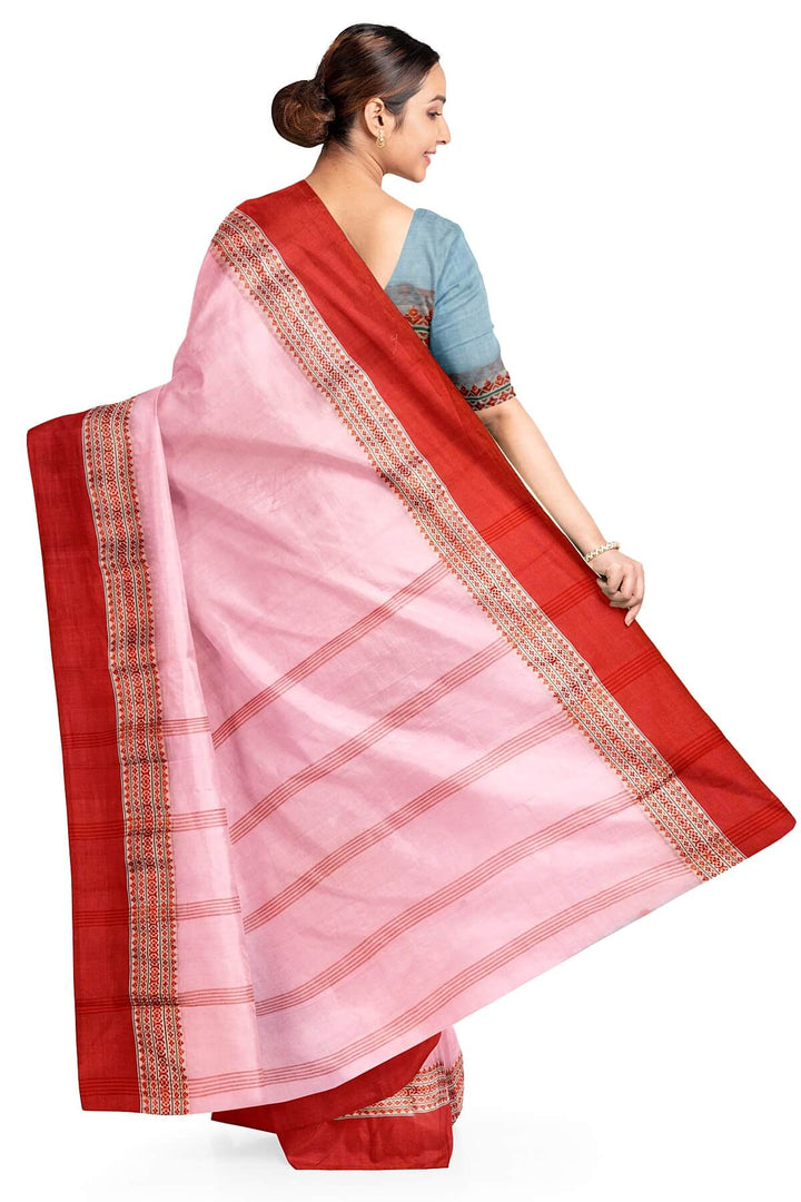 Soft cotton saree in pink with Dhonekali thread work pallu & border