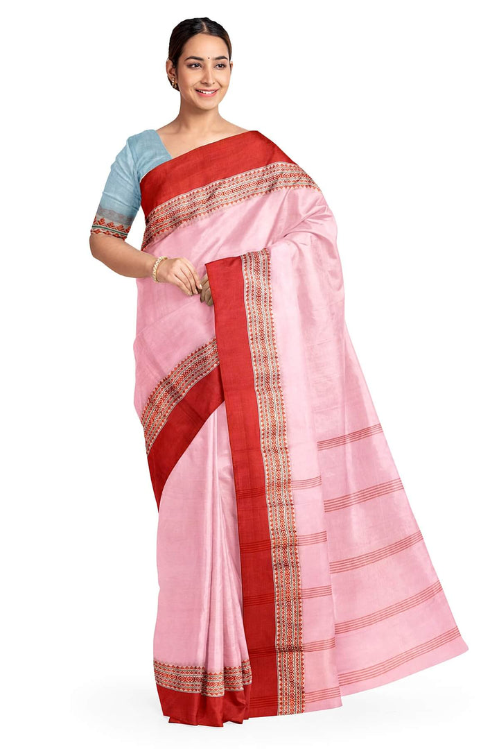 Soft cotton saree in pink with Dhonekali thread work pallu & border