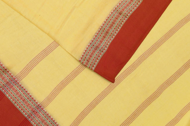 Soft cotton saree in light yellow with Dhonekali thread work pallu & border