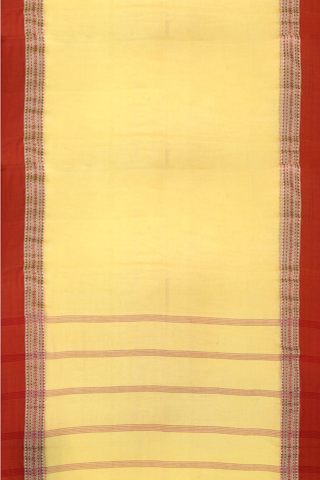 Soft cotton saree in light yellow with Dhonekali thread work pallu & border