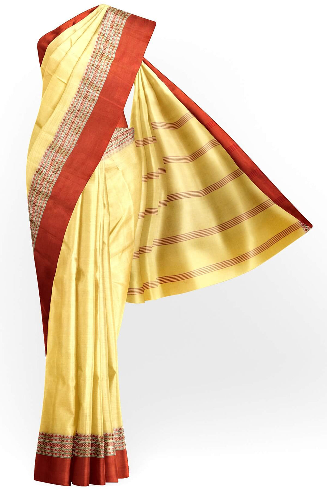 Soft cotton saree in light yellow with Dhonekali thread work pallu & border