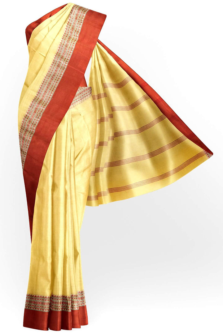 Soft cotton saree in light yellow with Dhonekali thread work pallu & border