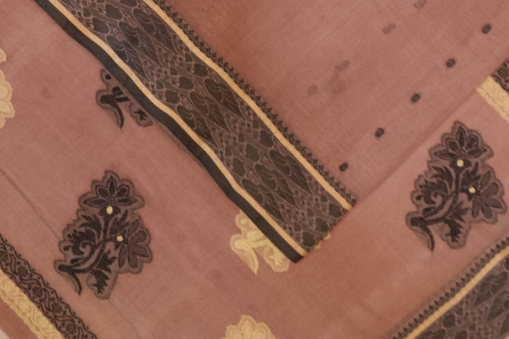 Cotton saree in onion pink with floral motifs in Jamdani weave