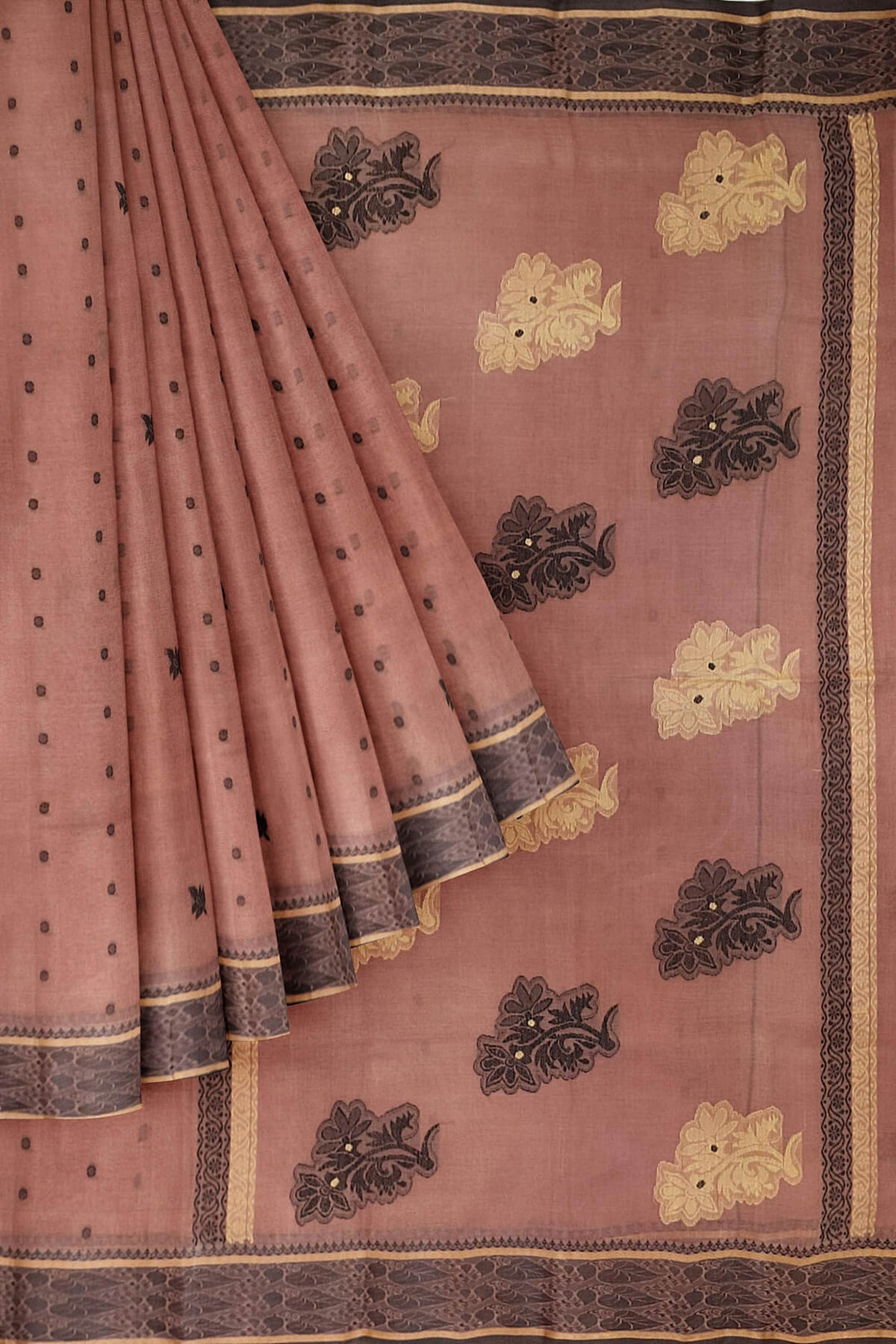 Cotton saree in onion pink with floral motifs in Jamdani weave