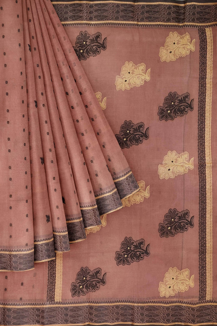 Cotton saree in onion pink with floral motifs in Jamdani weave