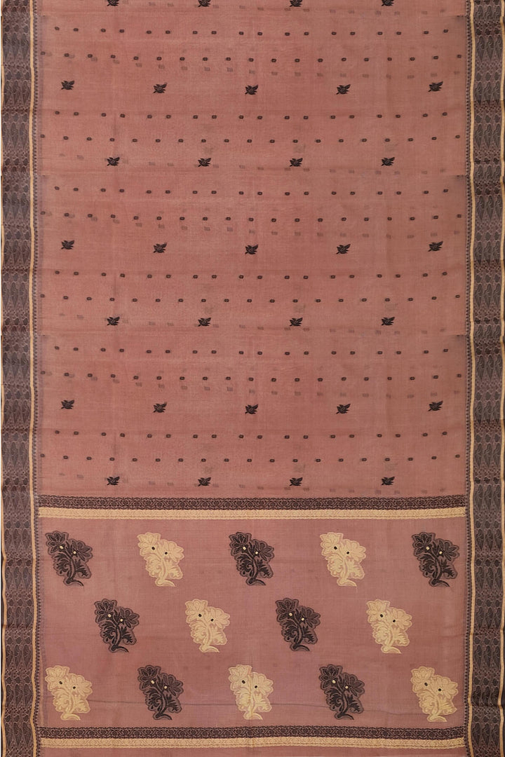 Cotton saree in onion pink with floral motifs in Jamdani weave