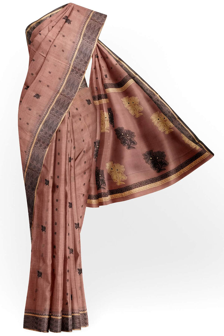 Cotton saree in onion pink with floral motifs in Jamdani weave