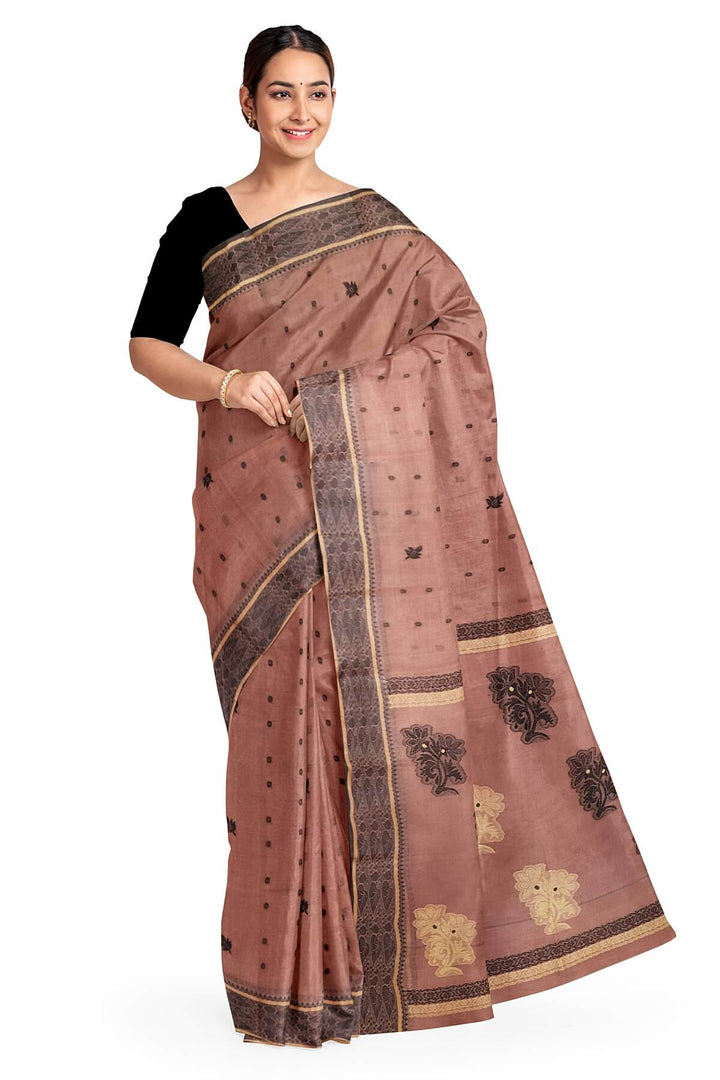 Cotton saree in onion pink with floral motifs in Jamdani weave