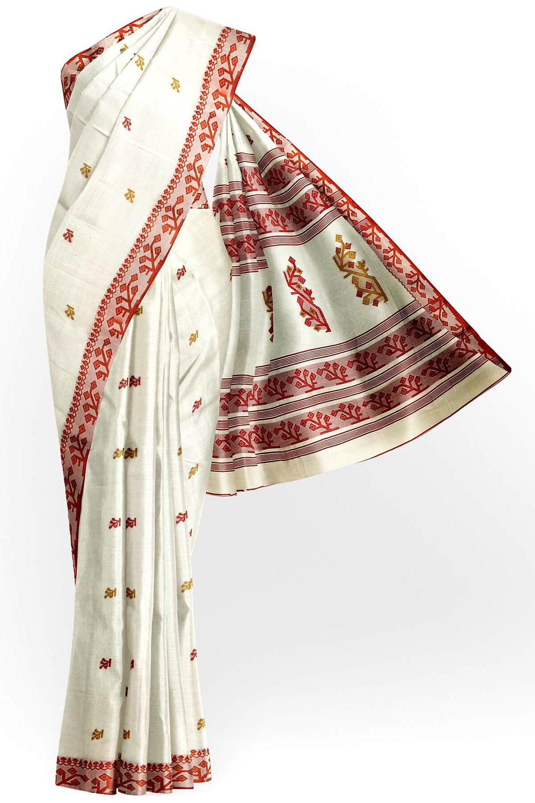 Tangail tant cotton saree in cream with small buttis