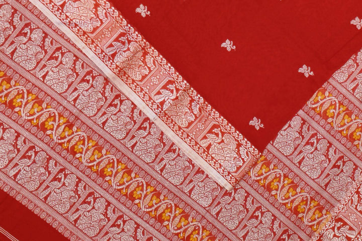Baluchari cotton saree in red with small floral motifs