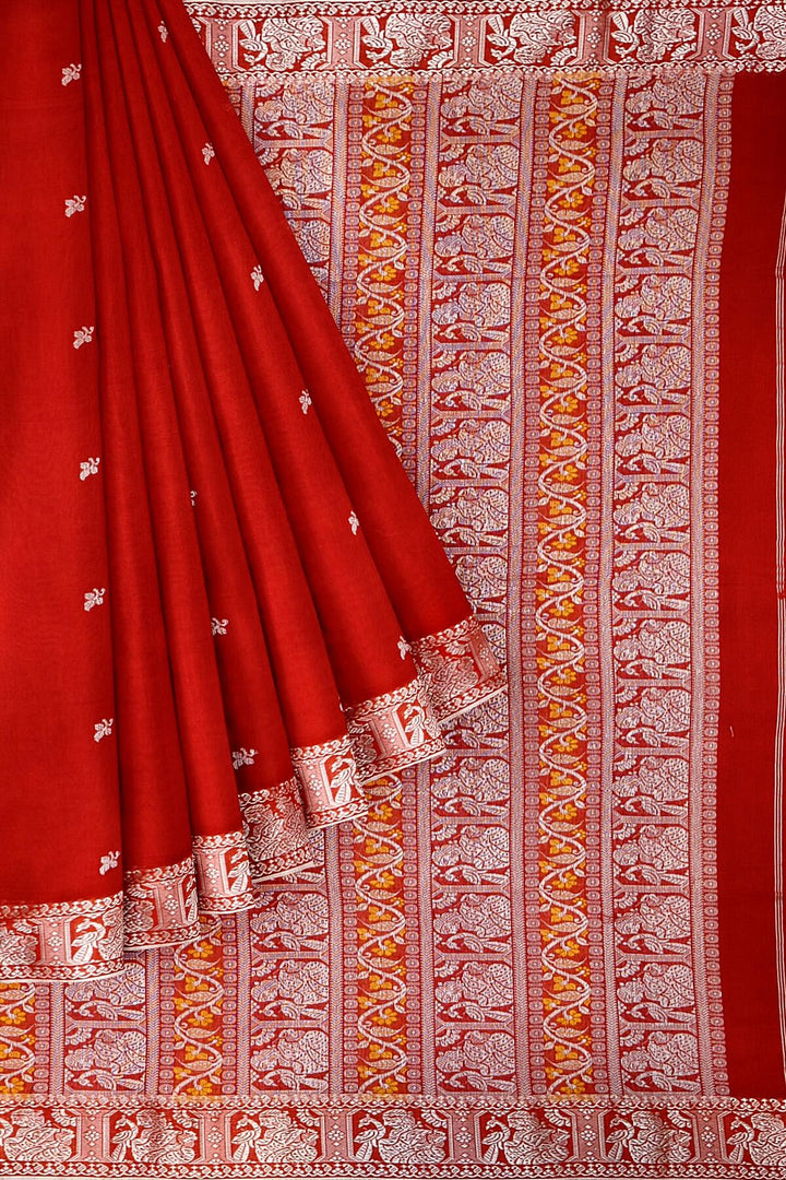 Baluchari cotton saree in red with small floral motifs