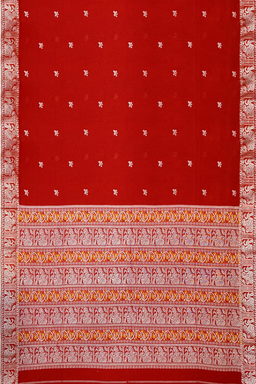 Baluchari cotton saree in red with small floral motifs