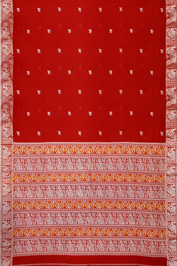 Baluchari cotton saree in red with small floral motifs