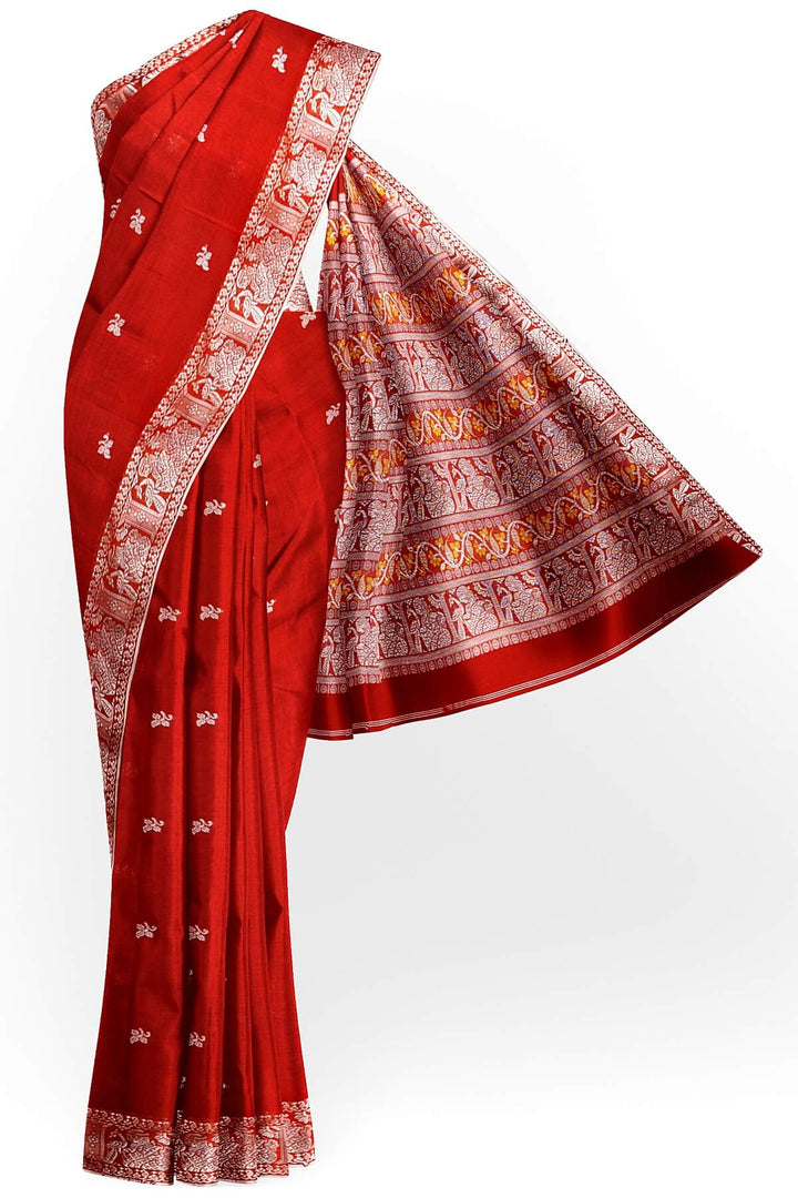 Baluchari cotton saree in red with small floral motifs
