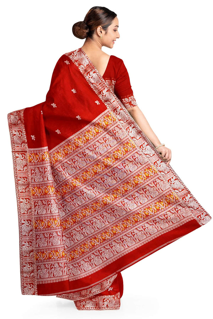 Baluchari cotton saree in red with small floral motifs