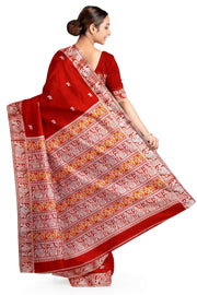 Baluchari cotton saree in red with small floral motifs