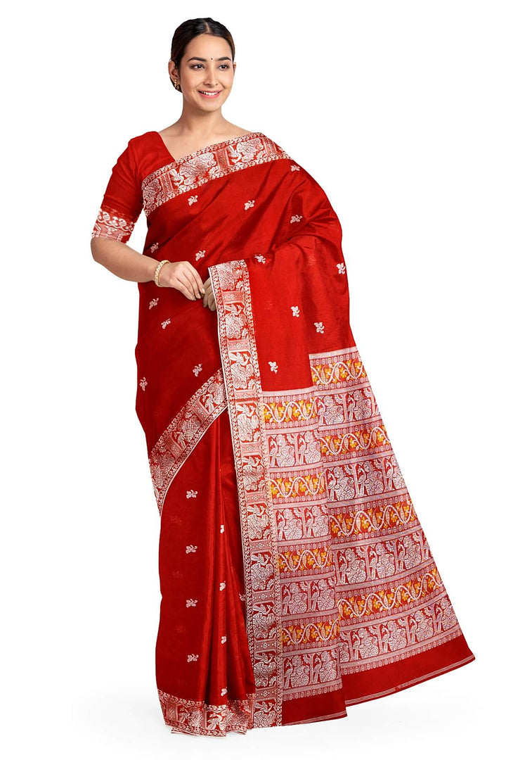 Baluchari cotton saree in red with small floral motifs
