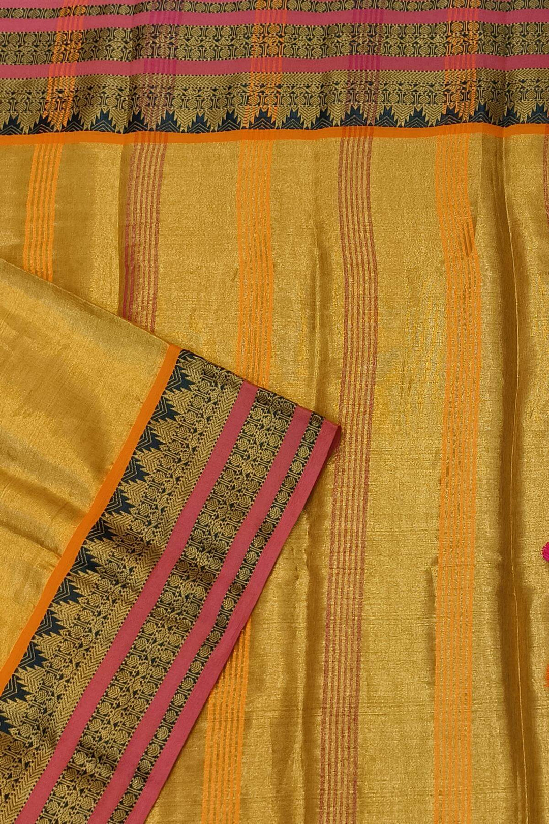 Soft tissue cotton saree in gold with temple border