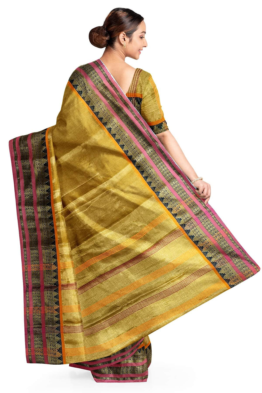 Soft tissue cotton saree in gold with temple border